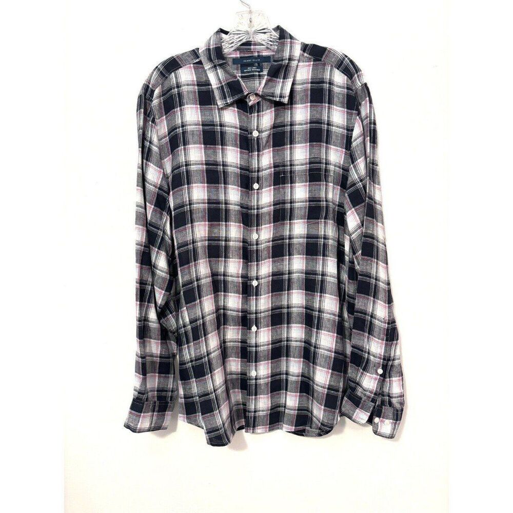PERRY ELLIS Mens Blue Plaid Long Sleeve Cotton Button Up Dress Shirt Size Large